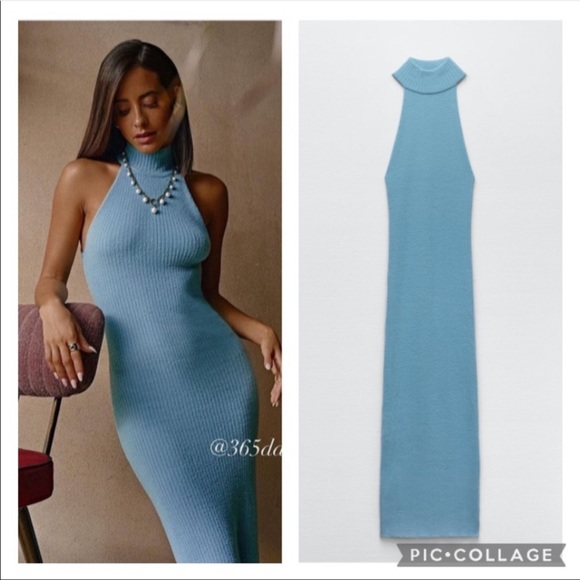 Zara Blue Tube Halter Fitted Midi Dress Size XS-S - Picture 9 of 16
